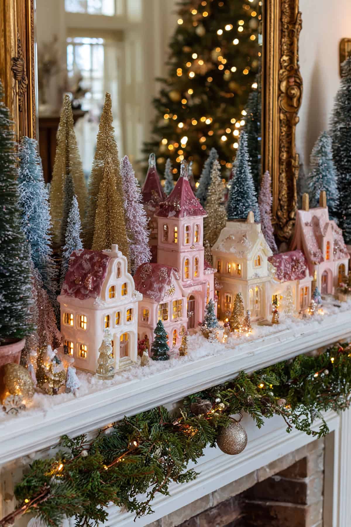 Pink Frosted Village Mantel Scene