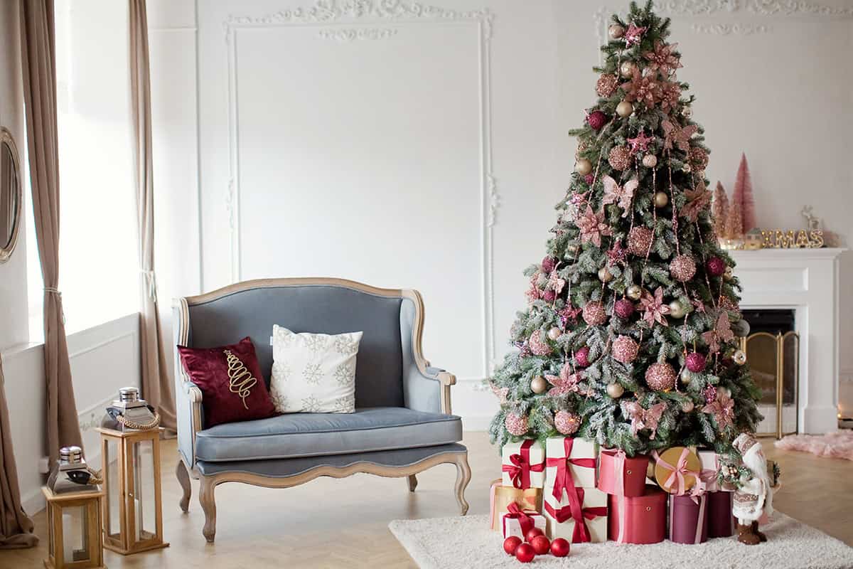Pink Gold Tree Beside a Classic Sofa
