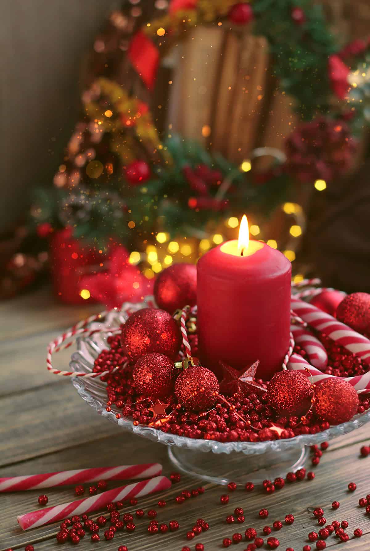 Red Candle on Rustic Wooden Table