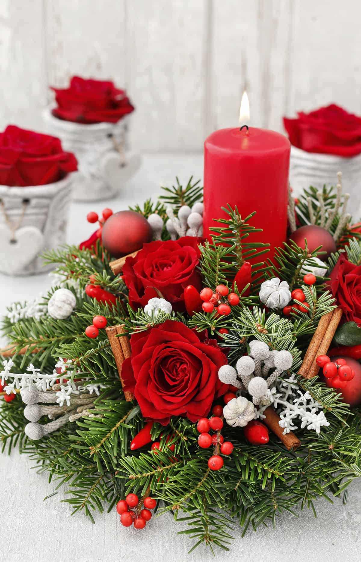 Red Roses and Cinnamon Candle Arrangement
