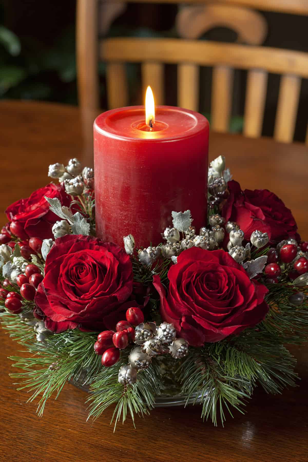 Red Roses and Pine Candle Arrangement