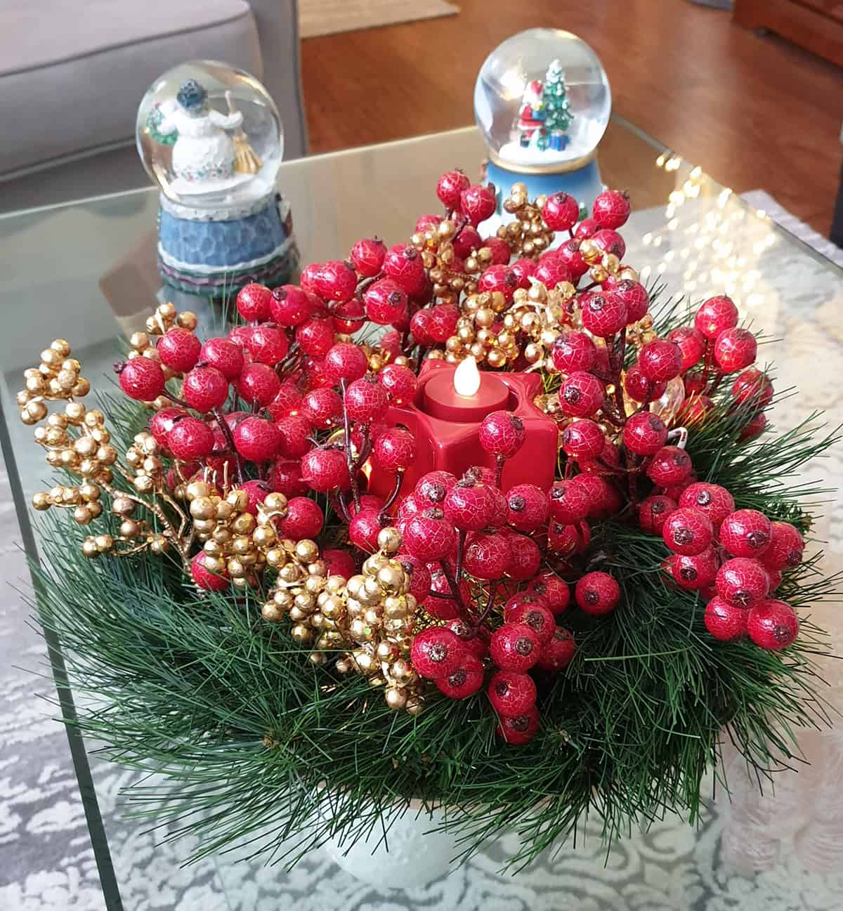 Red and Gold Berry Candle Centerpiece