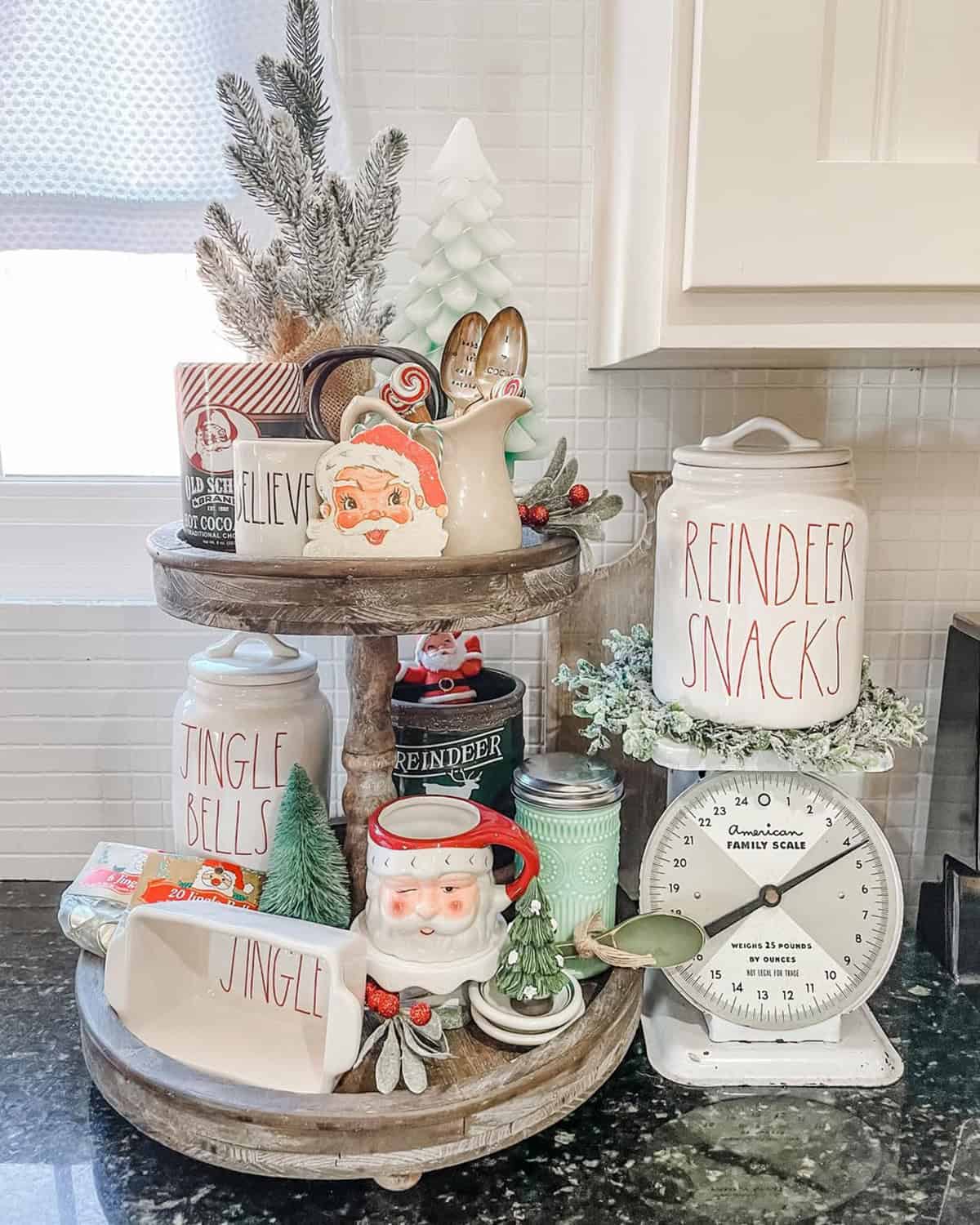Retro Cocoa Station Tray with Santa Mugs and Reindeer Snacks