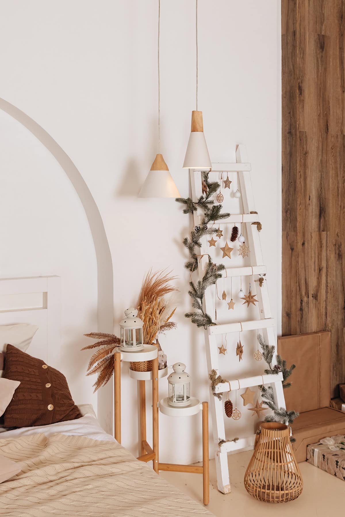 Scandinavian Bedroom Ladder with Winter Accents