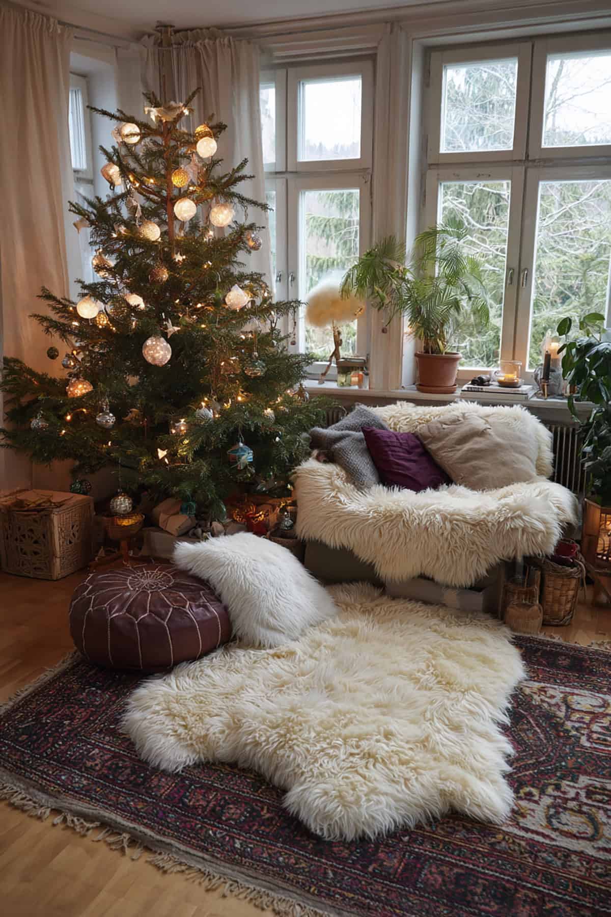 Sheepskin Rugs Layered Under the Tree
