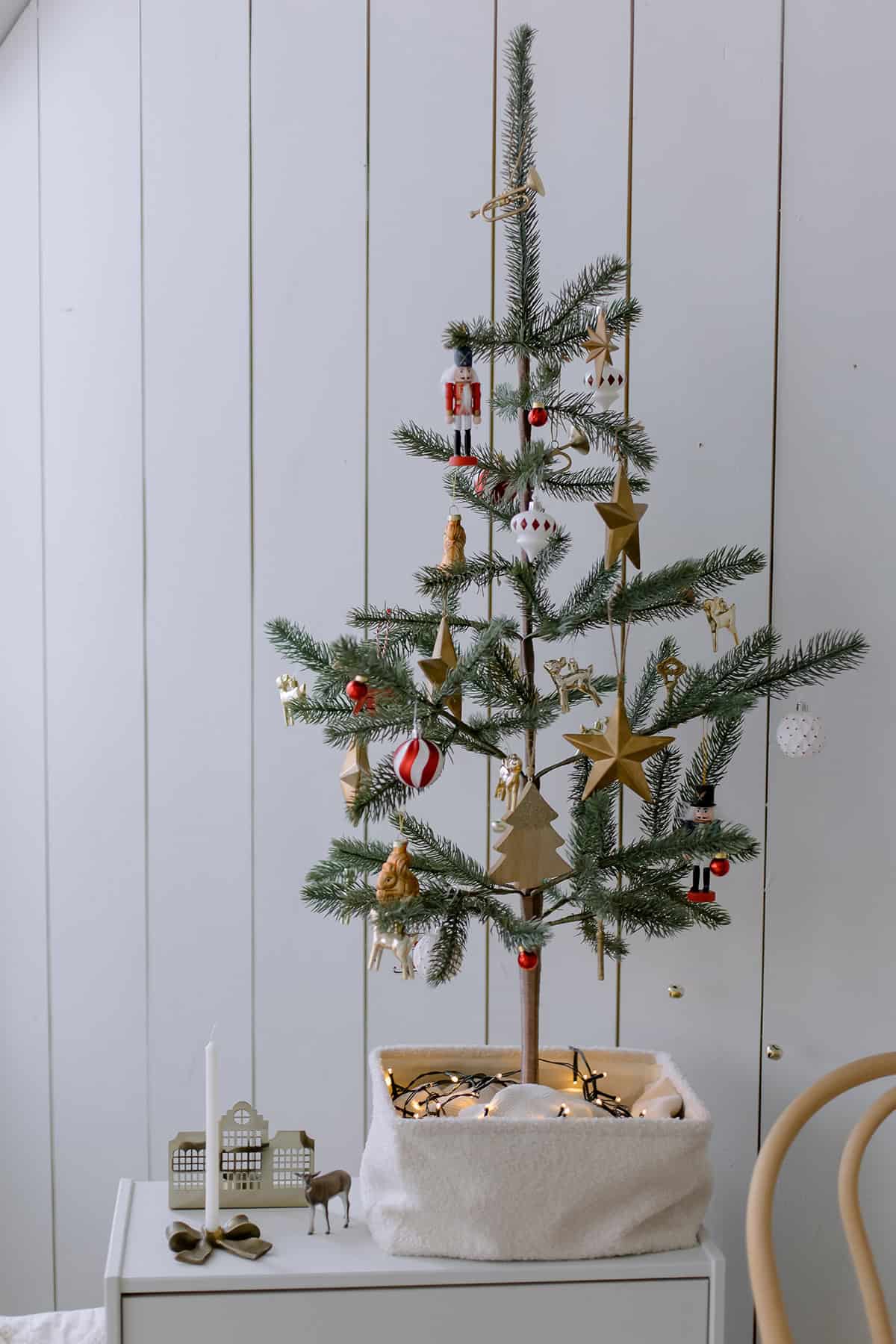 Slim Nordic Tree with Gold and Red Mini Ornaments