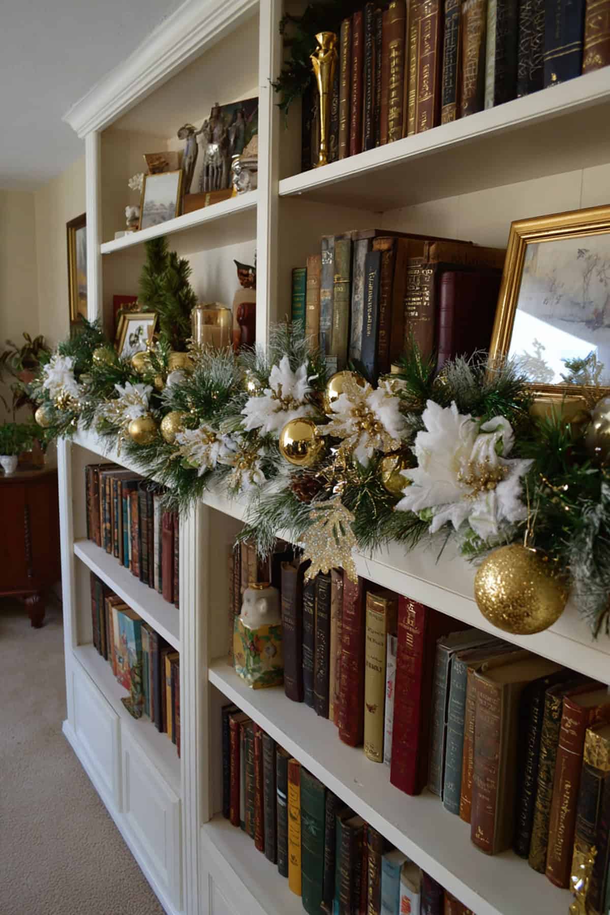 Snowy Garland Across a Bookshelf Top