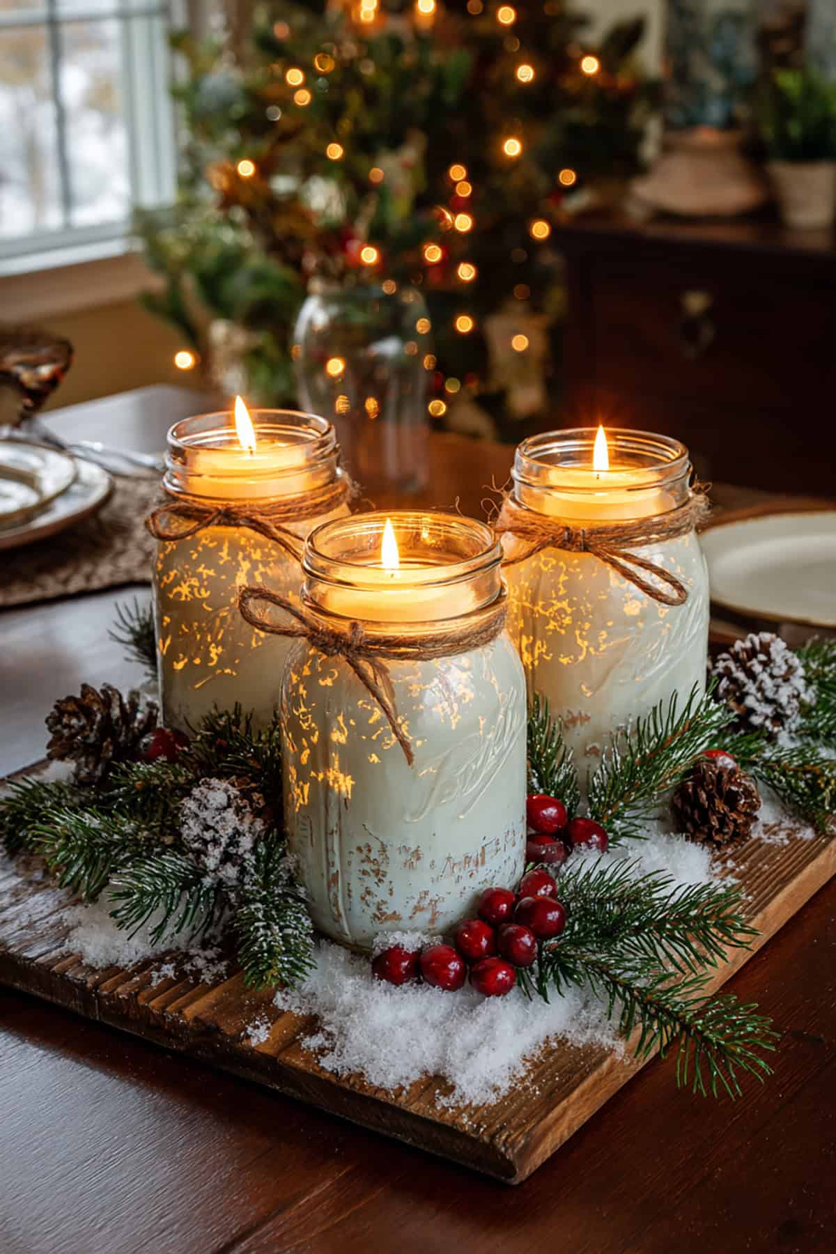 Snowy Mason Jar Candle Centerpiece