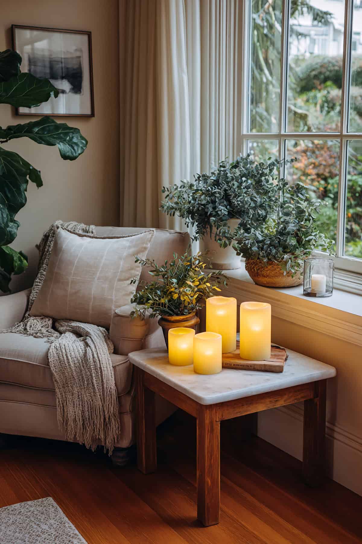 Soft Candle Cluster on a Side Table