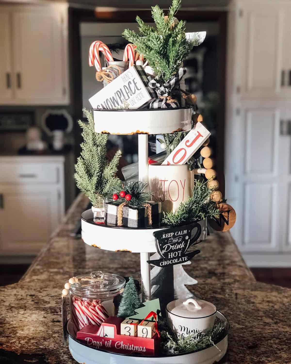 Tiered Hot Cocoa Bar Tray with Candy Canes and Mini Greens