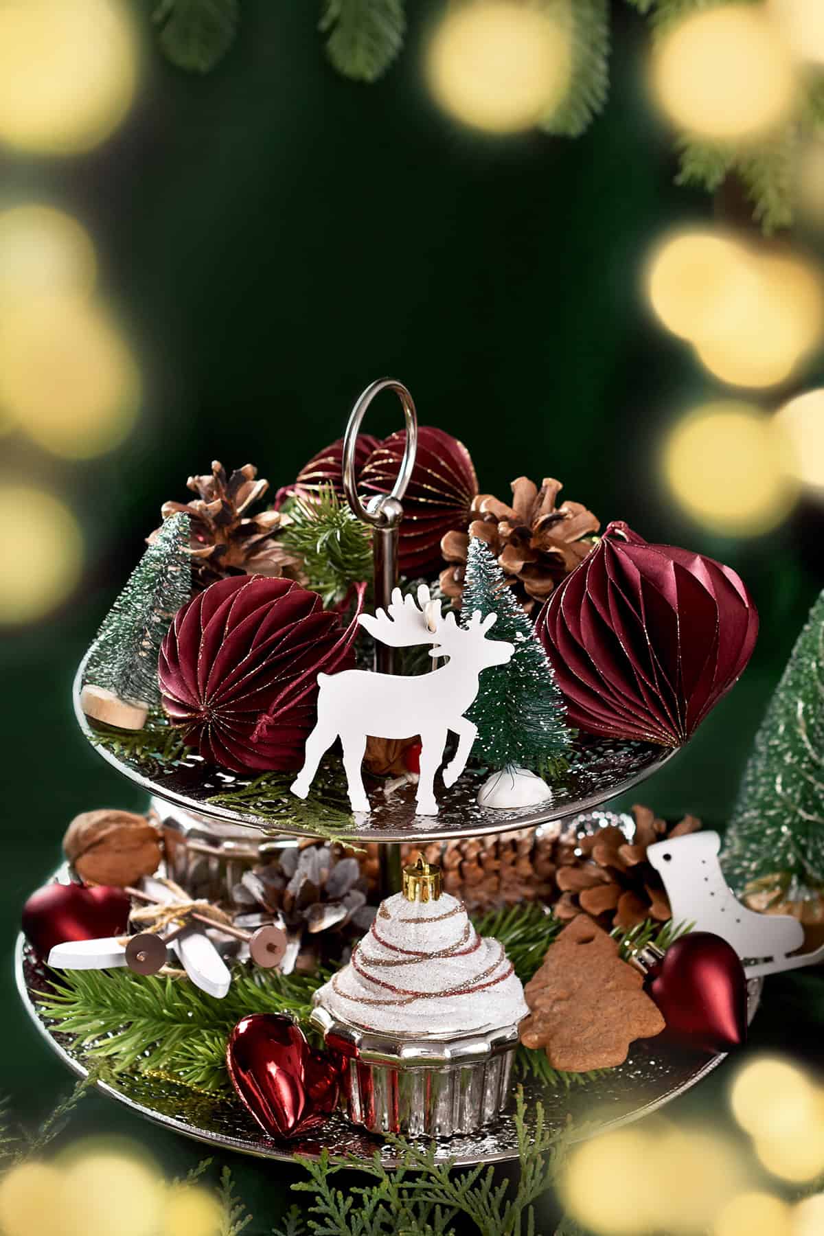 Tiered Silver Tray with Burgundy Ornaments and Pinecones