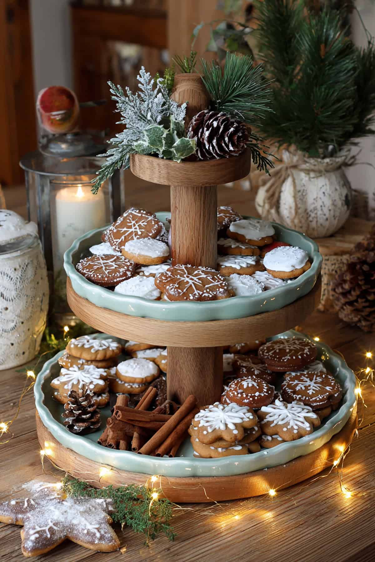 Tiered Tray with Gingerbread Cookies and Pinecones