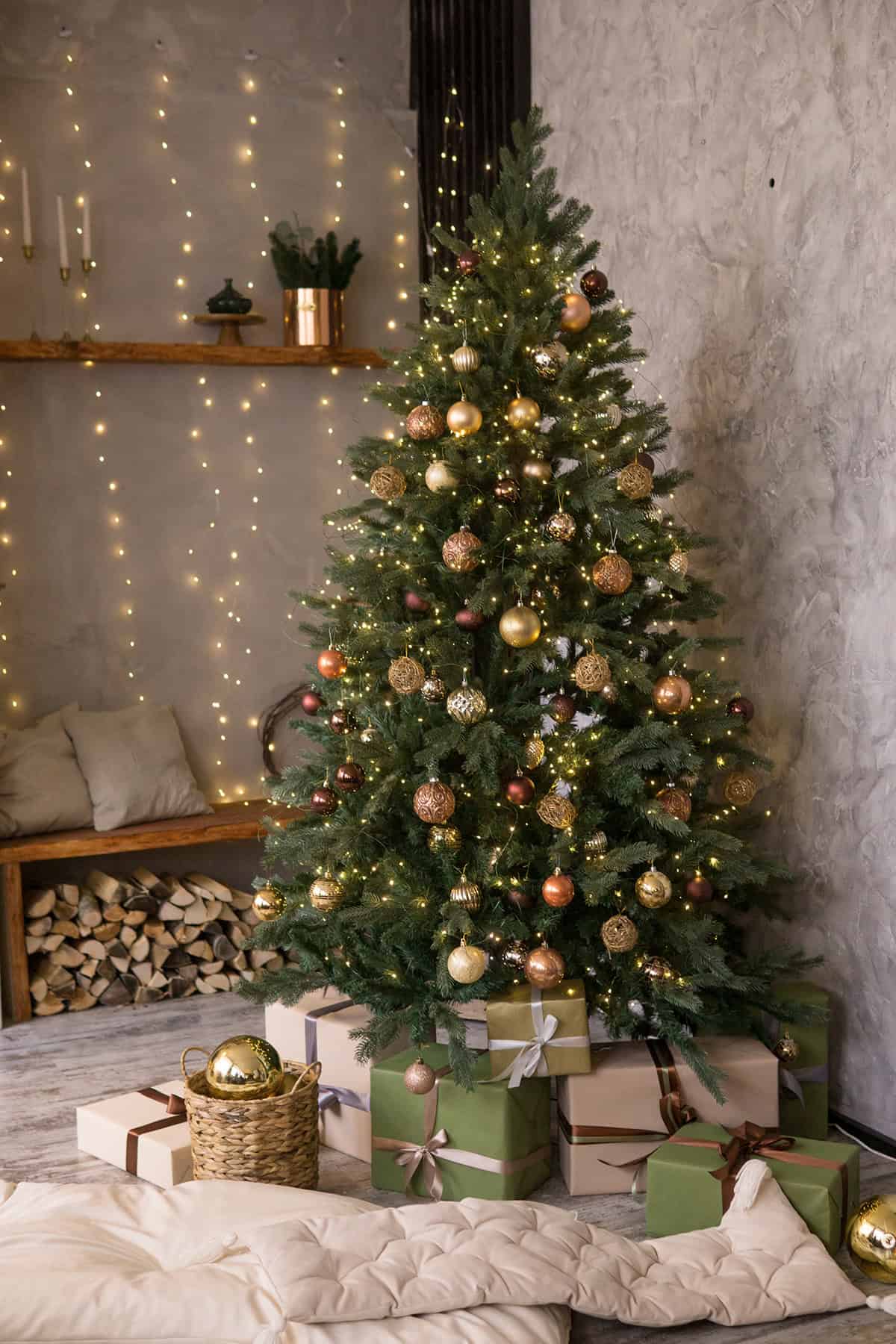 Tree with Bronze and Gold Against a Textured Nordic Wall