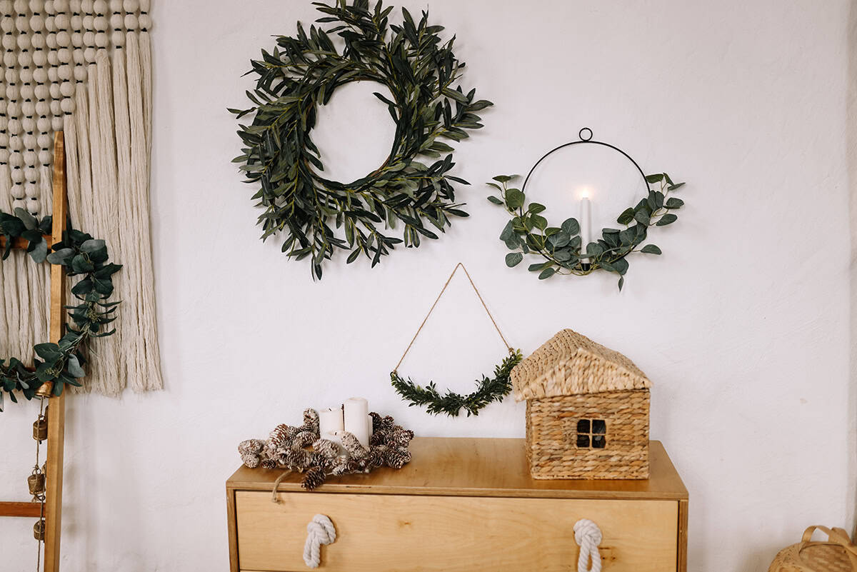 Wall Display of Mixed Wreaths in a Nordic Palette