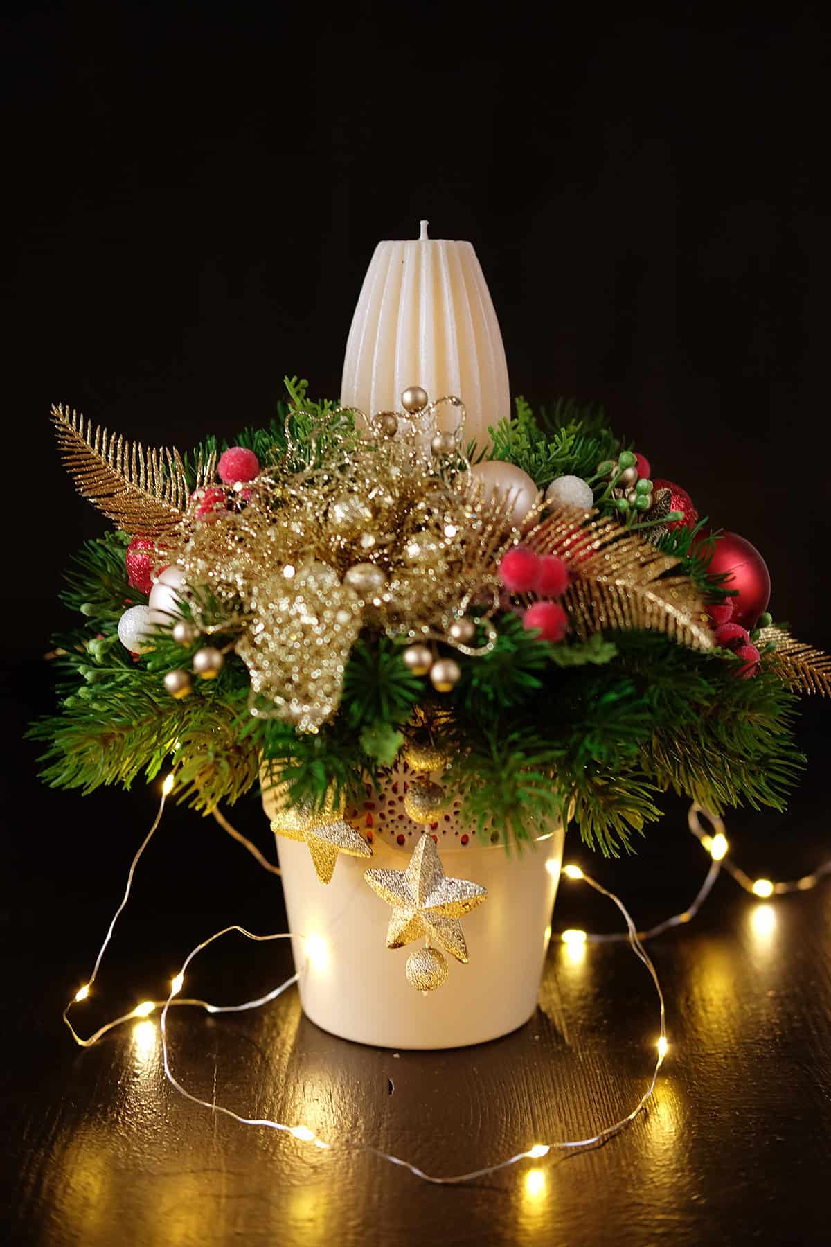 White Candle with Gold and Fir Accents