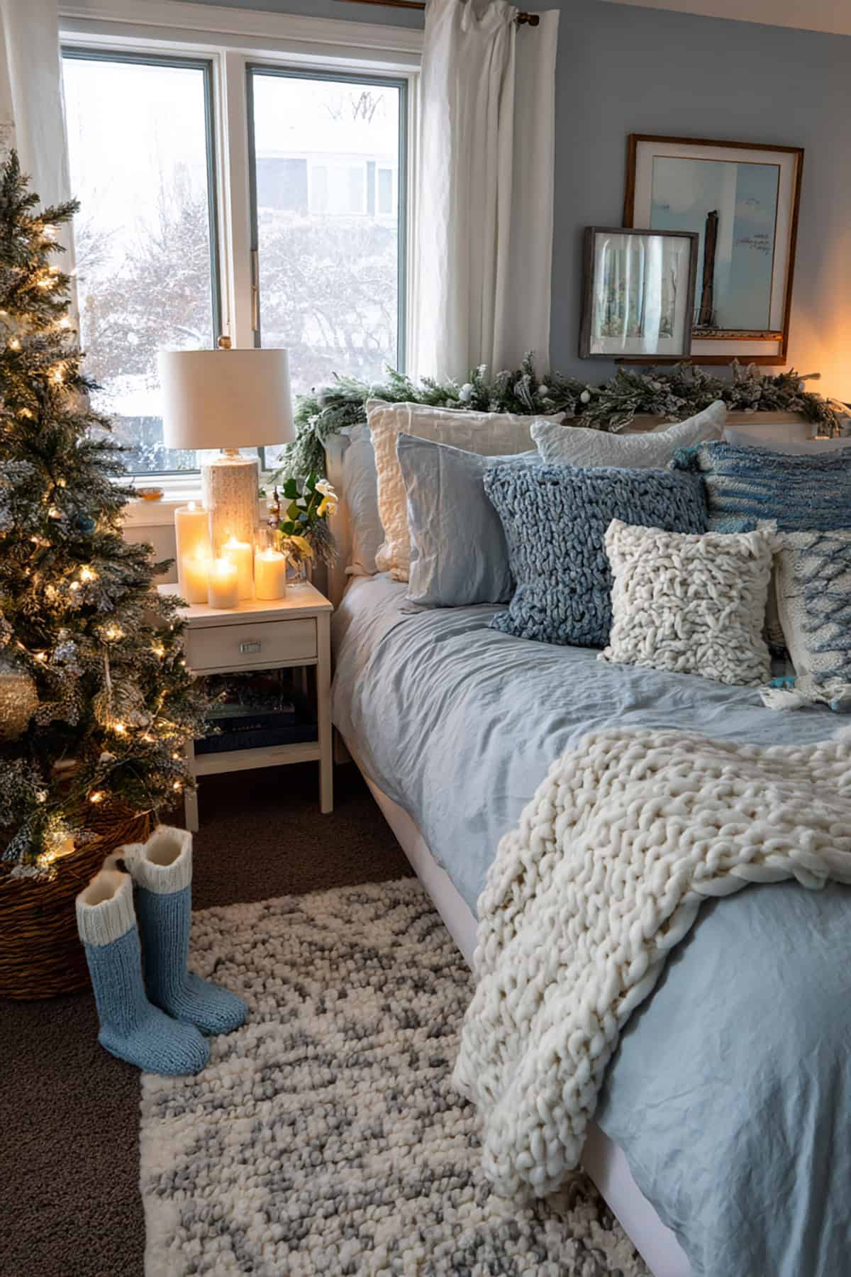 Winter Blue Bedroom Christmas Styling