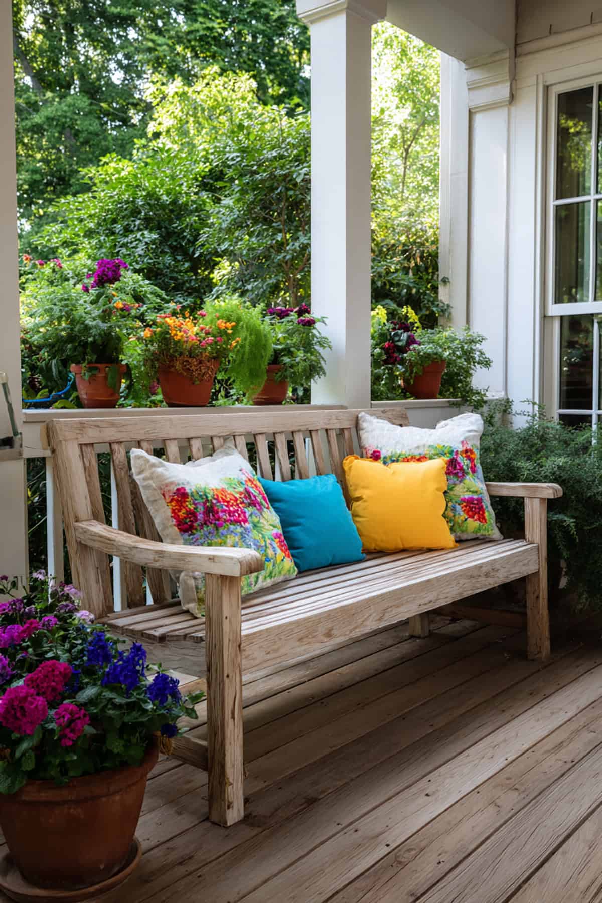 A Porch Bench with Bright Pillows