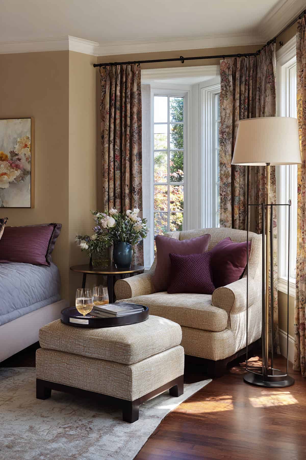 Accent Chair + Side Table + Floor Lamp Across From the Bed