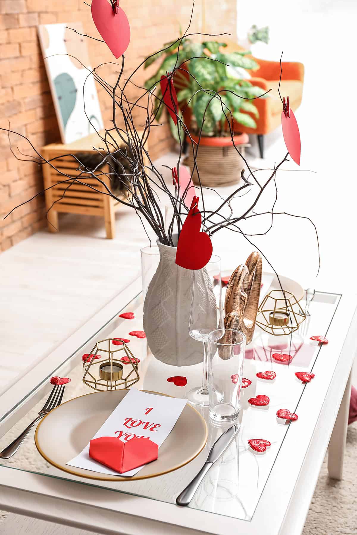 Branch Arrangement with Hanging Hearts