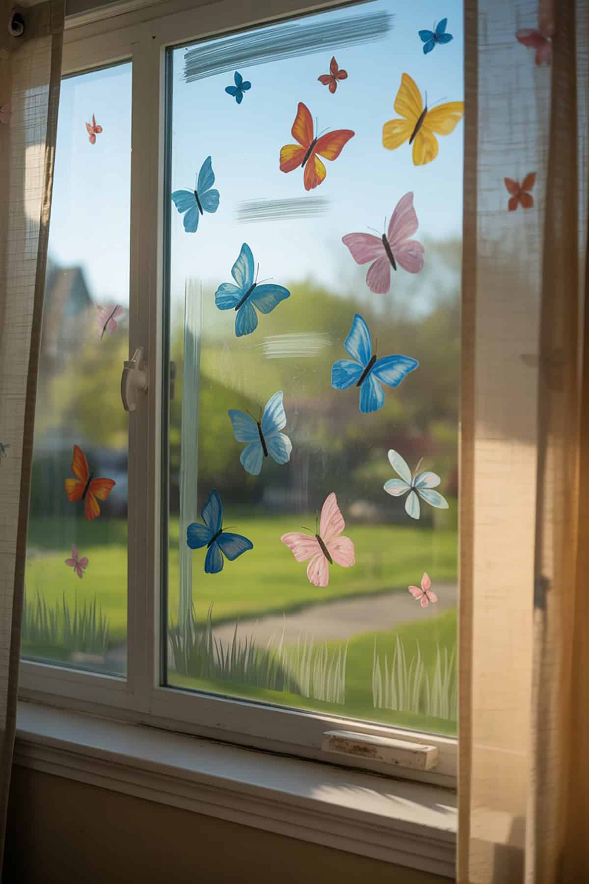 Butterflies Flying Across an Open Sky Window Painting