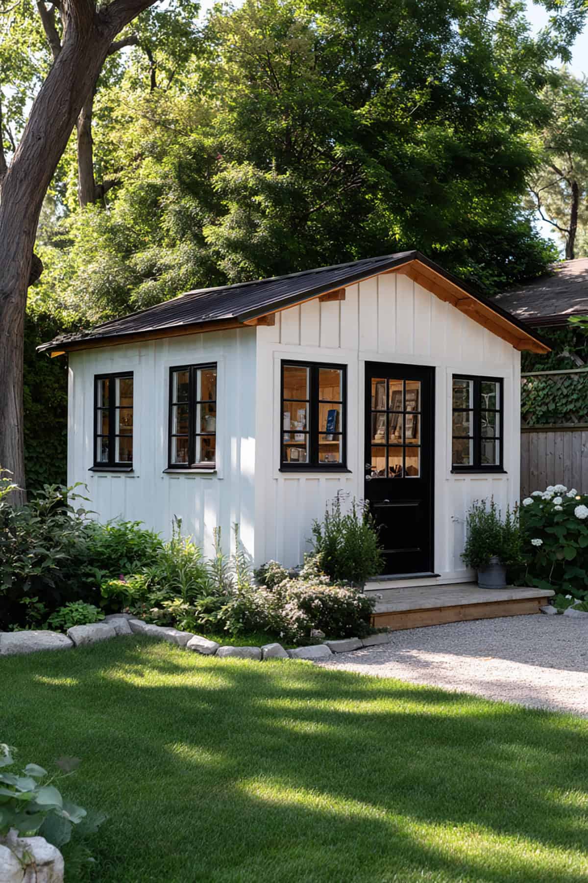 Classic White Shed with Black Accents