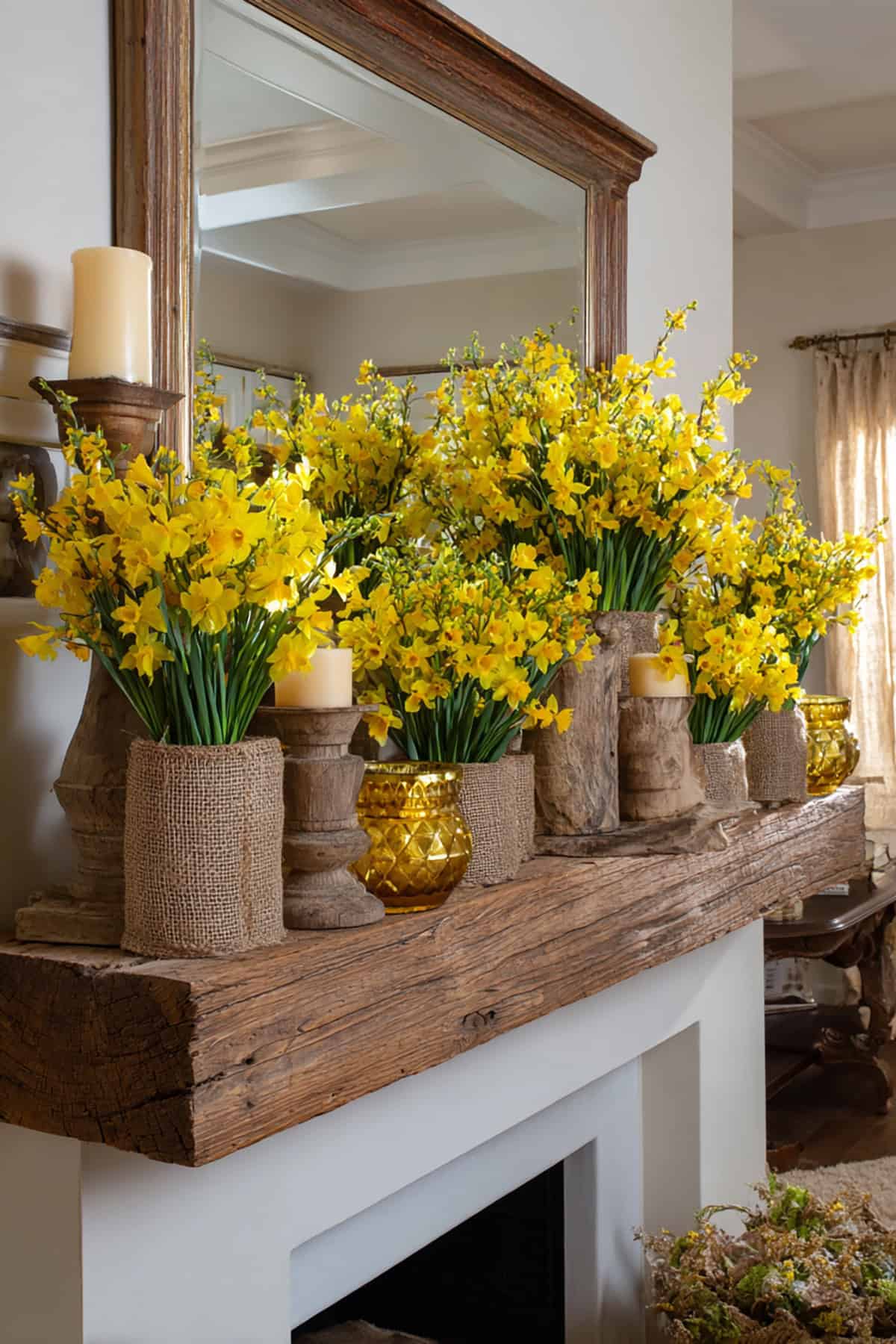 Daffodil Mantel with Burlap and Wood