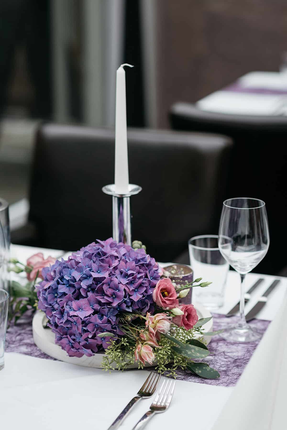 Deep Violet Hydrangea Candlelit Centerpiece