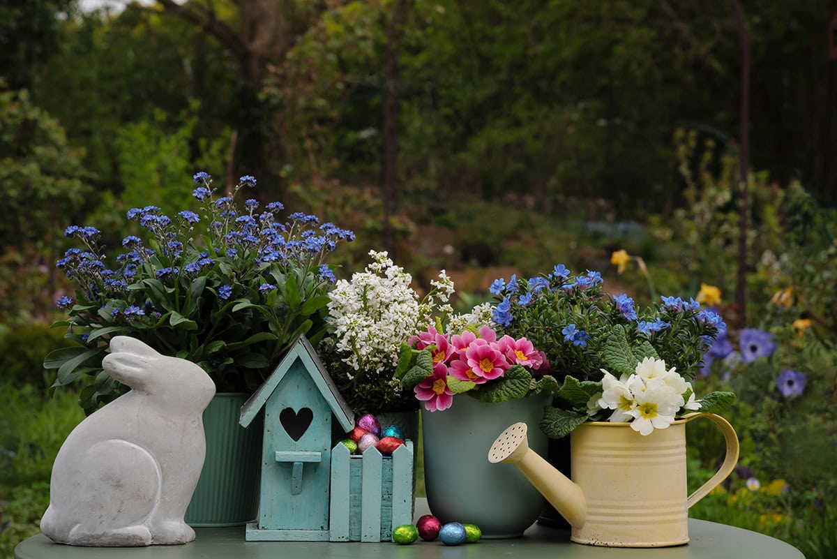 Garden Table with Bunny, Pots, and Eggs