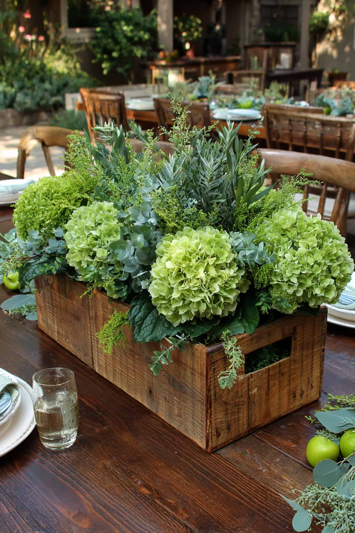 Green Hydrangea Rustic Crate Centerpiece