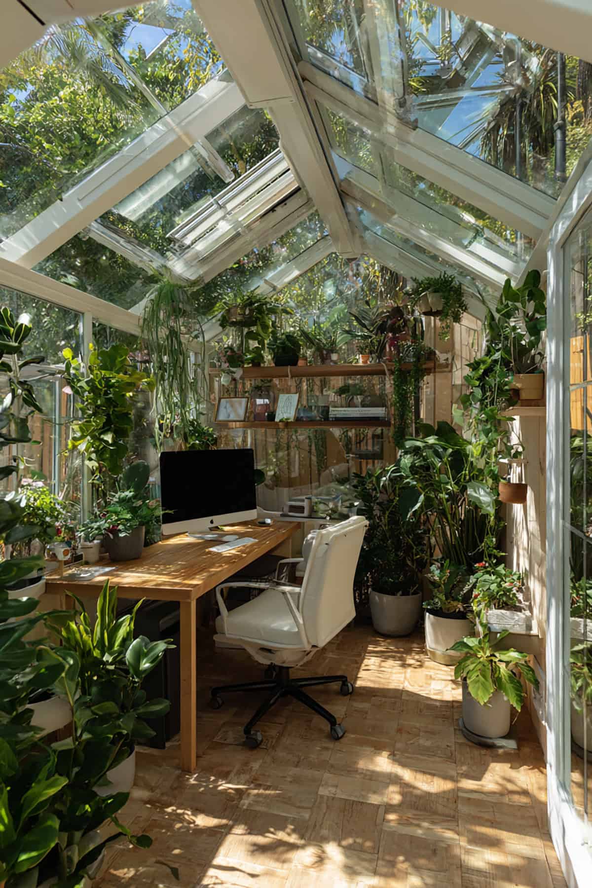 Greenhouse Office with Plant Lined Edges