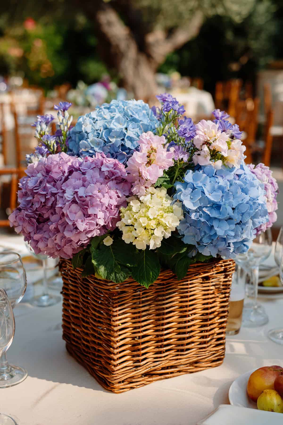 Hydrangeas in a Rattan Basket Centerpiece
