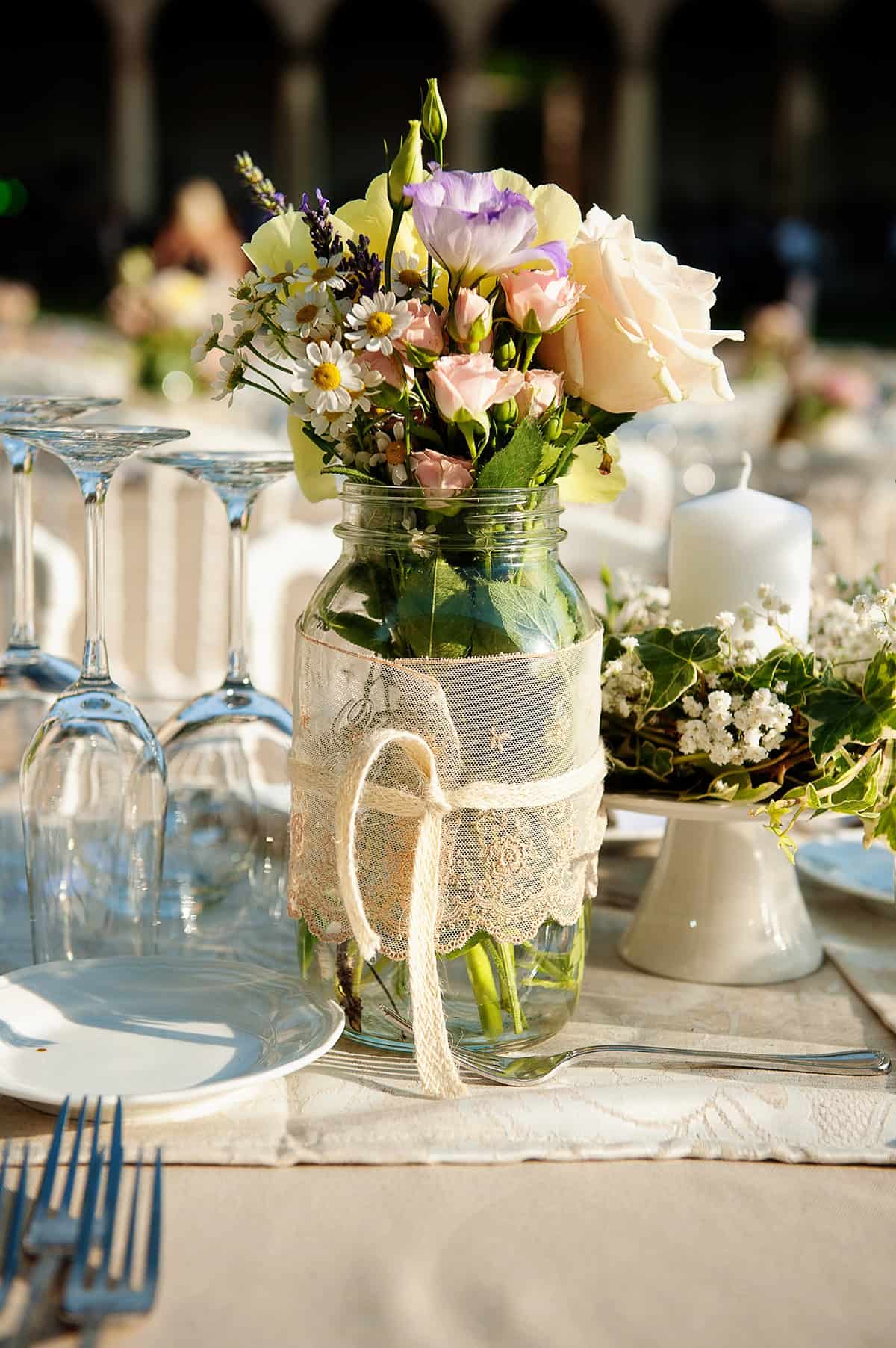 Lace Wrapped Mason Jar Bouquet