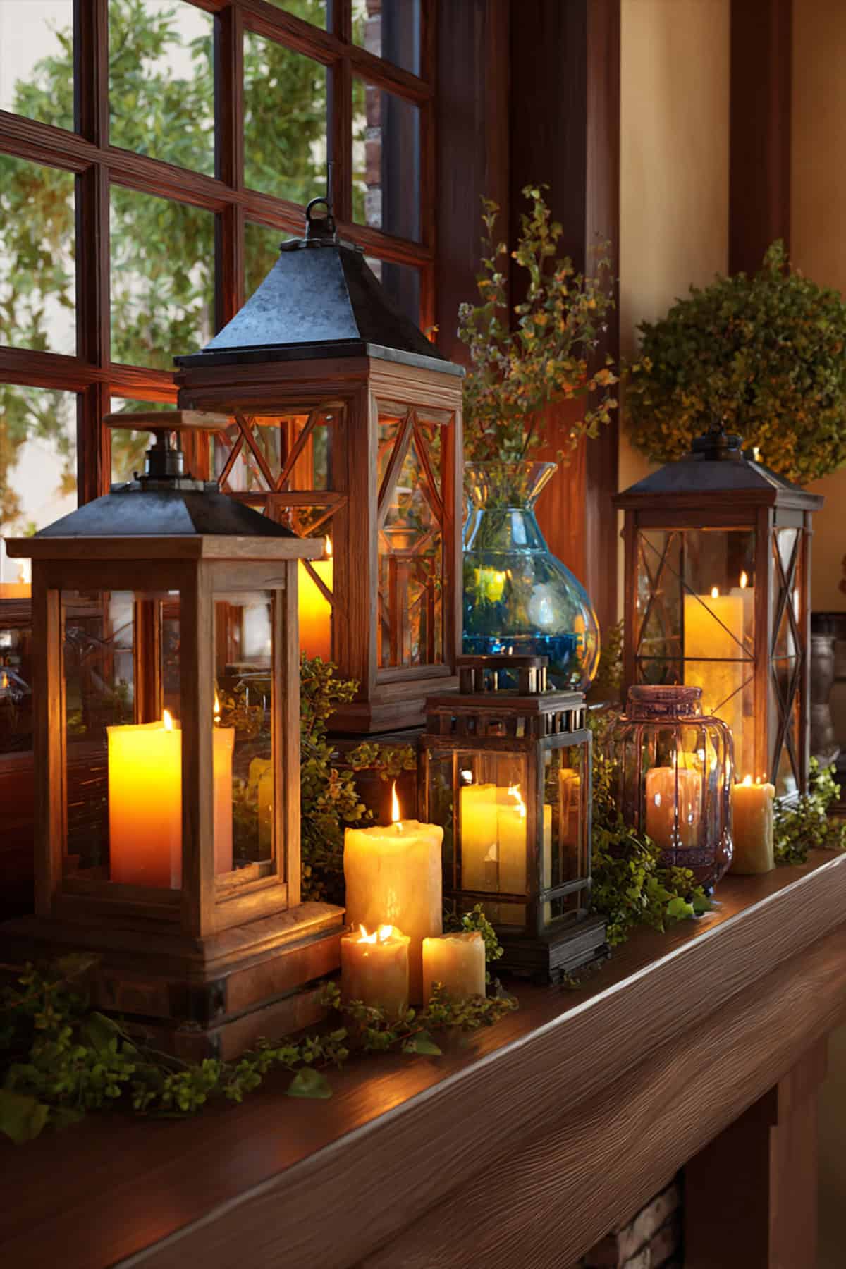 Lantern Filled Spring Mantel