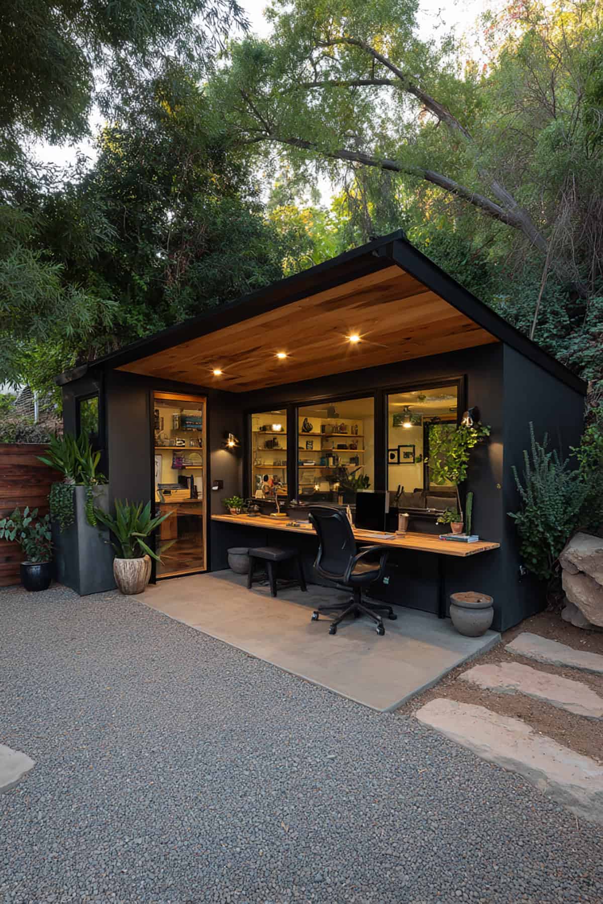 Minimalist Black and Wood Backyard Office Shed