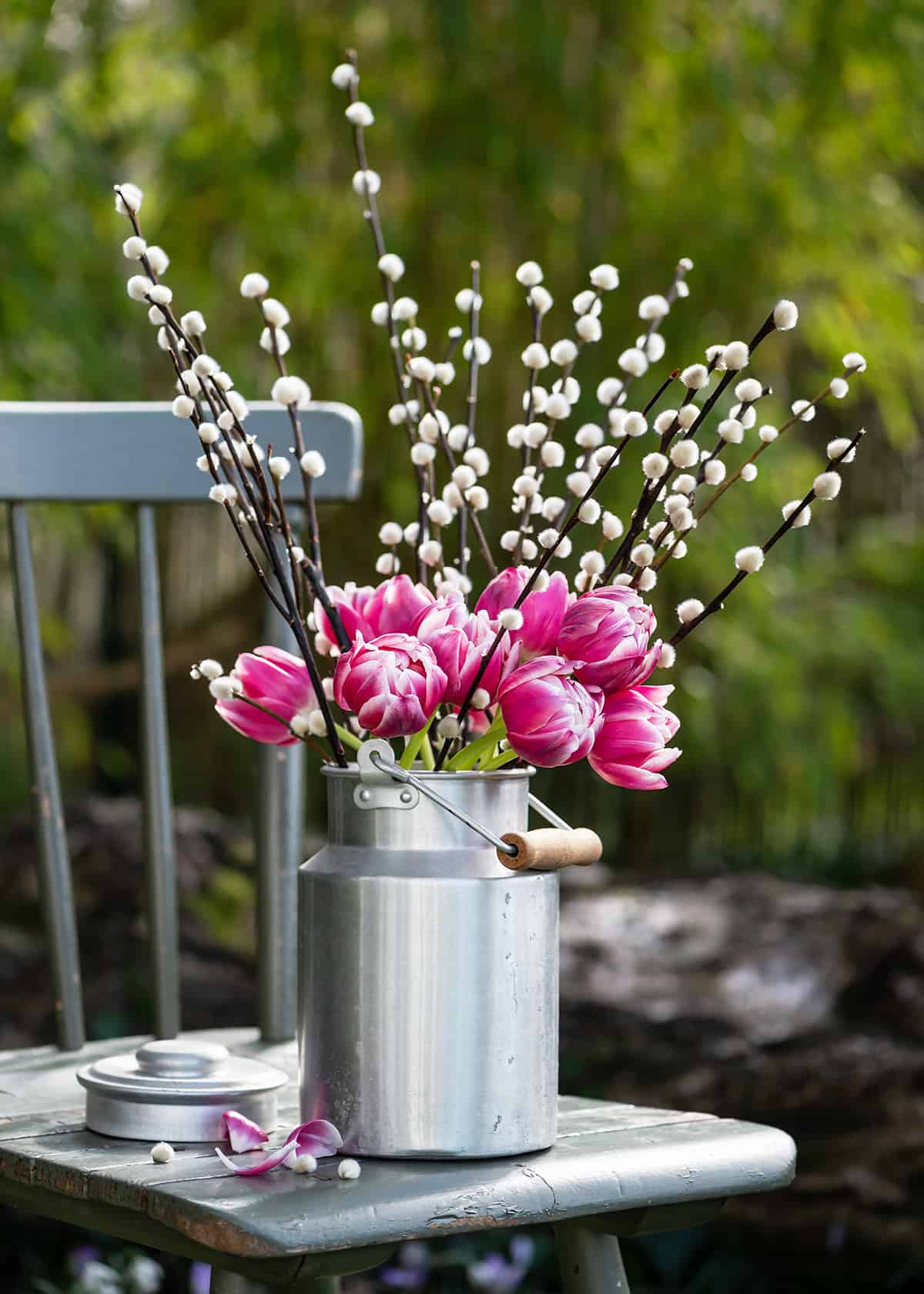 Pink Tulips with Willow Branches in a Milk Can