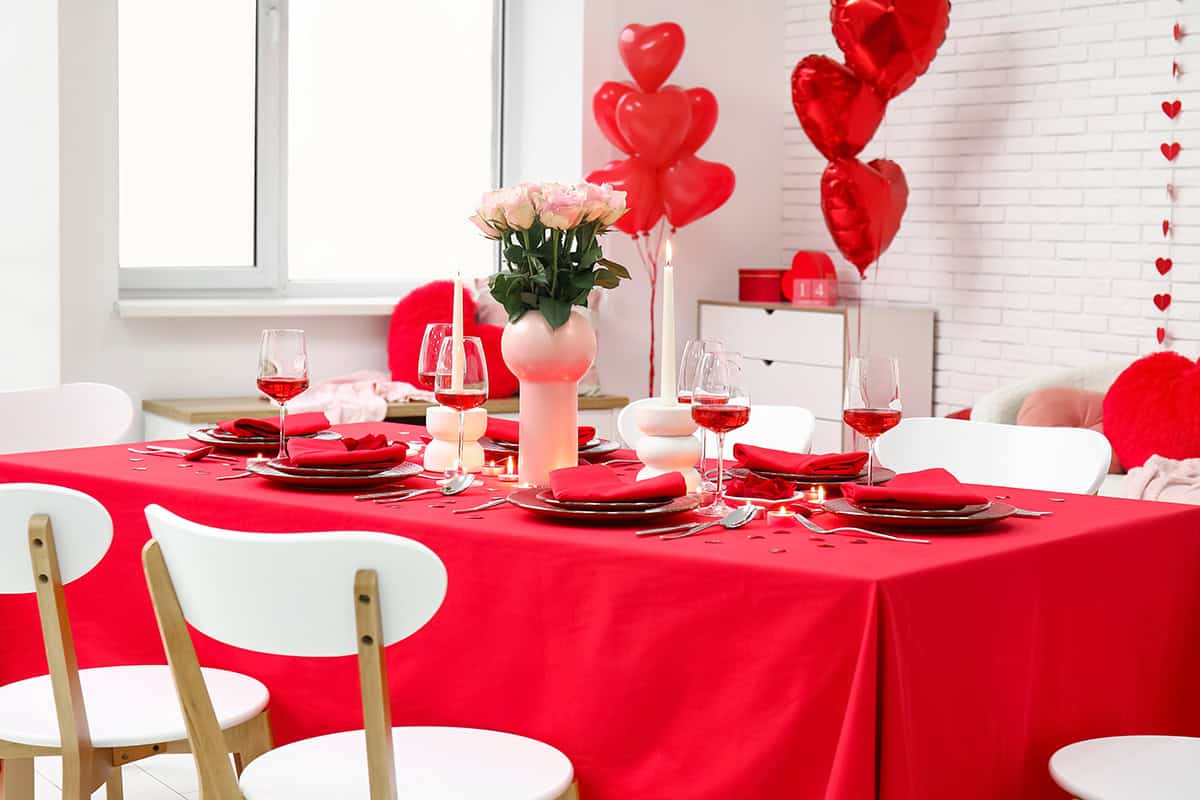 Red Tablecloth with Balloon Cluster