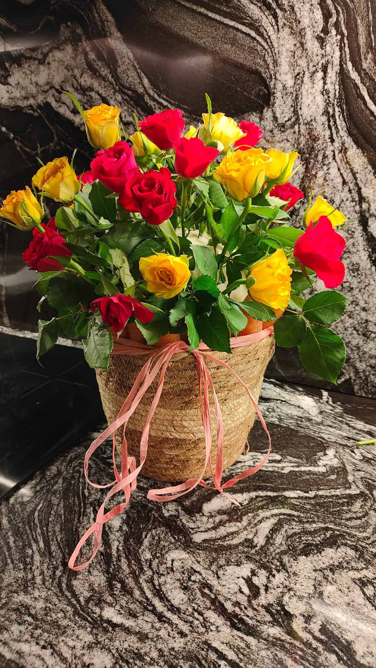 Roses in a Woven Basket