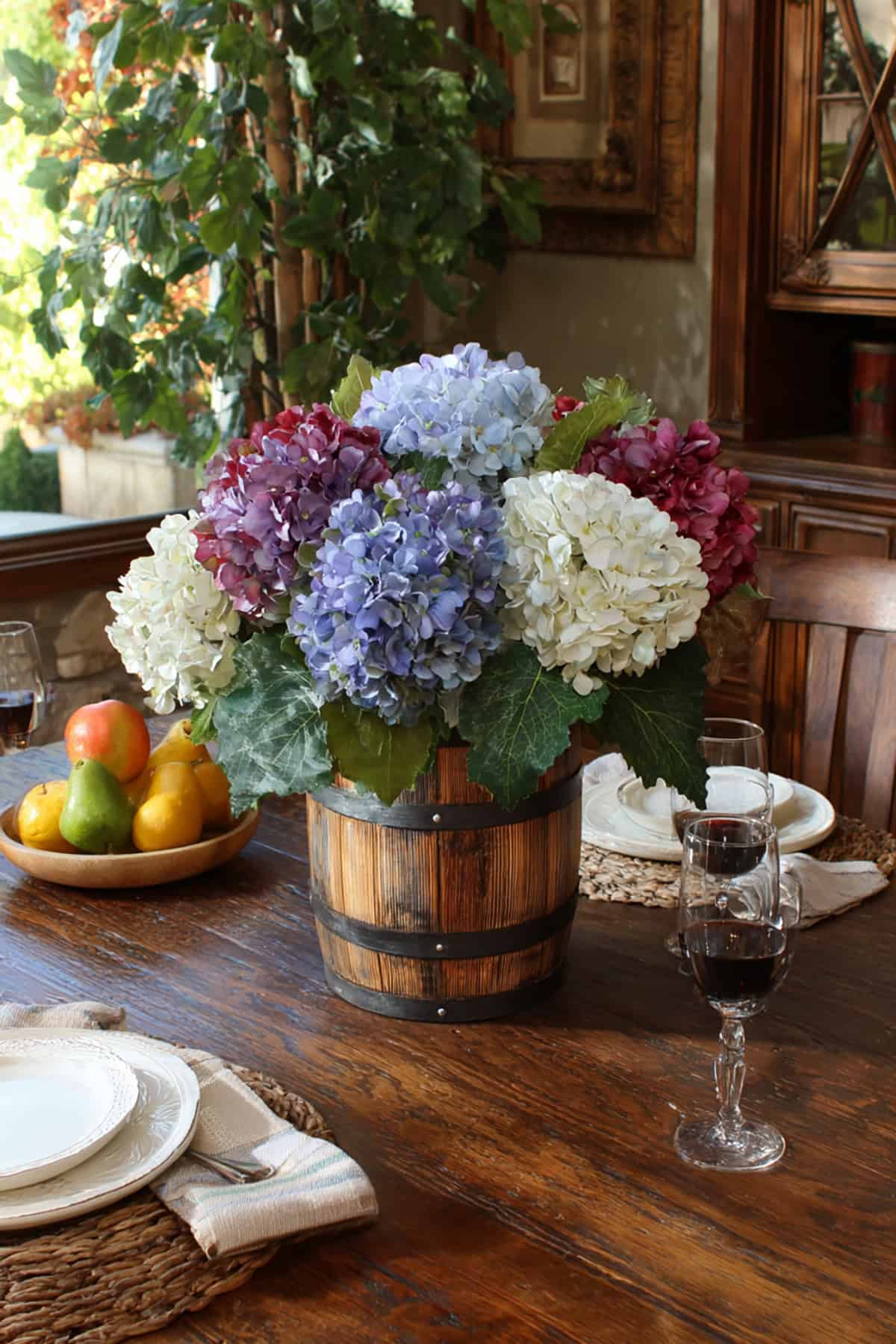 Rustic Wine Barrel Hydrangea Centerpiece
