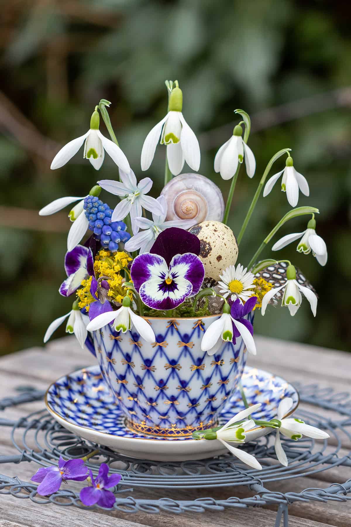 Snowdrops and Violets in a Porcelain Teacup