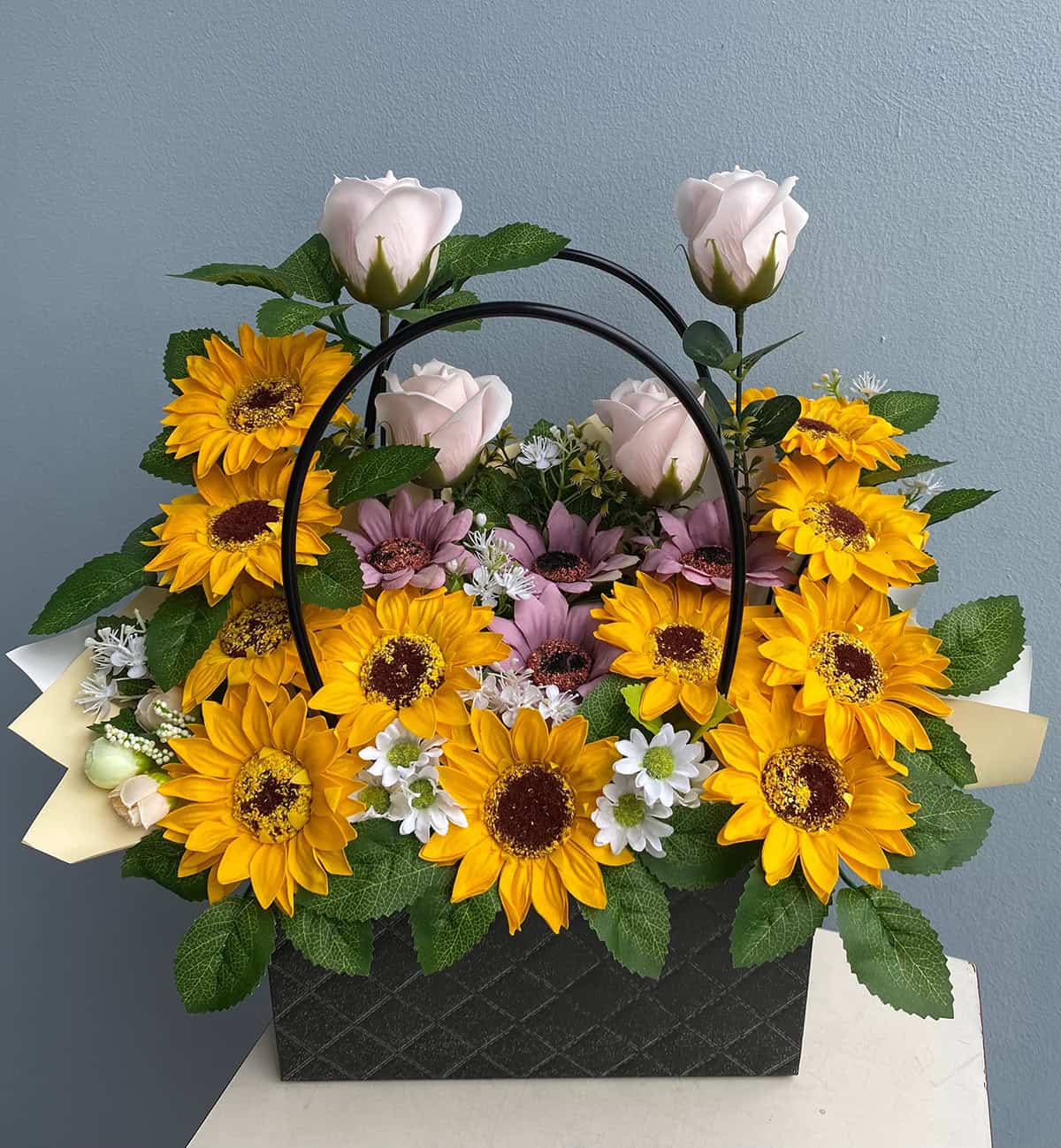 Sunflowers, Roses, and Wild Mix in a Basket