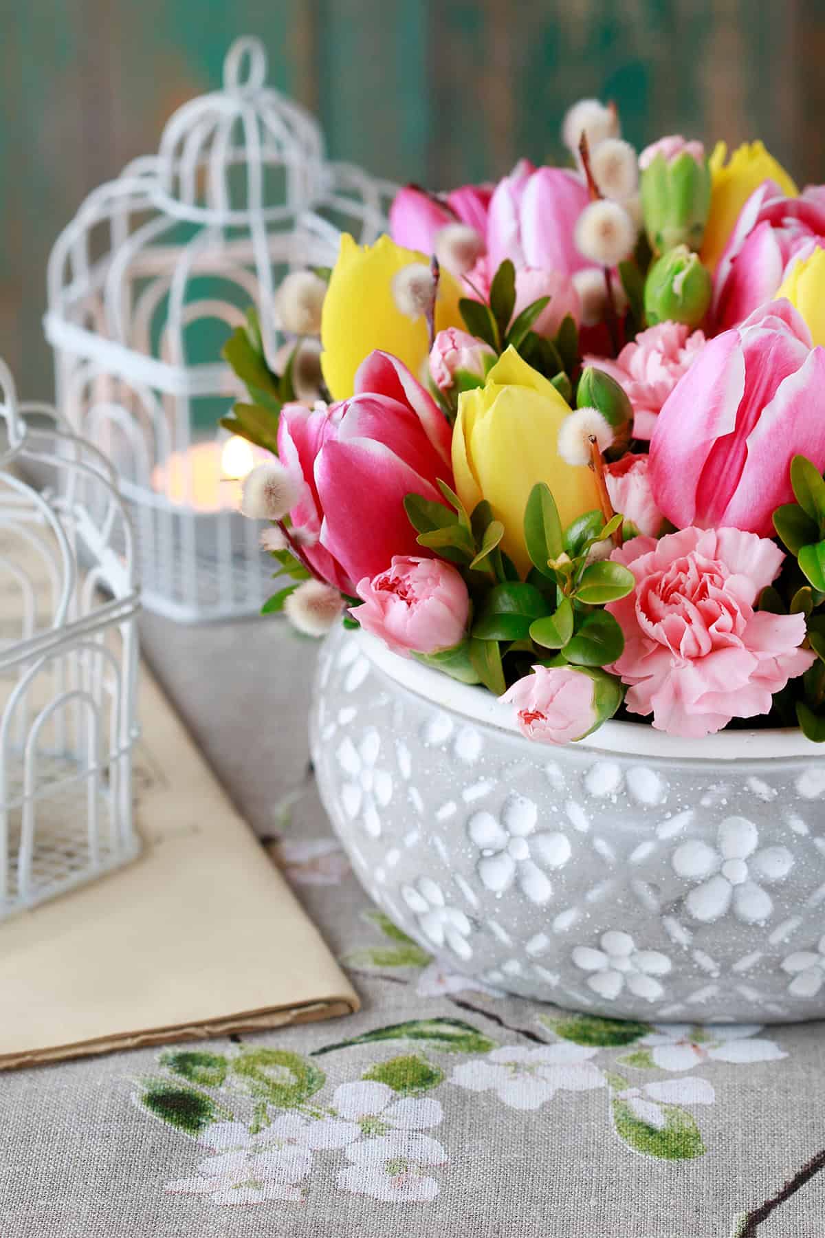 Tulip and Carnation Bowl Arrangement