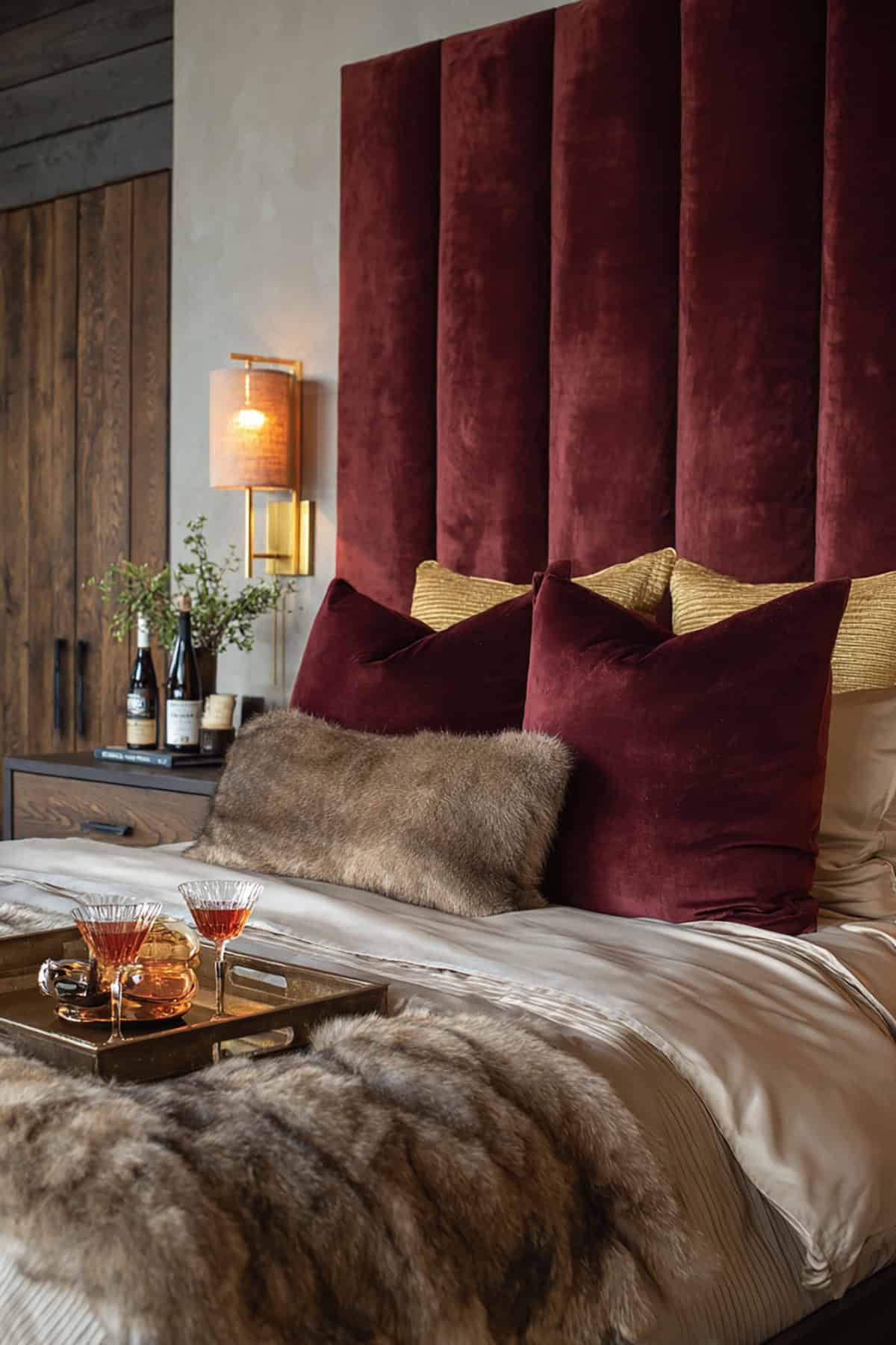 Velvet Channel Tufted Headboard With Warm Brass Details