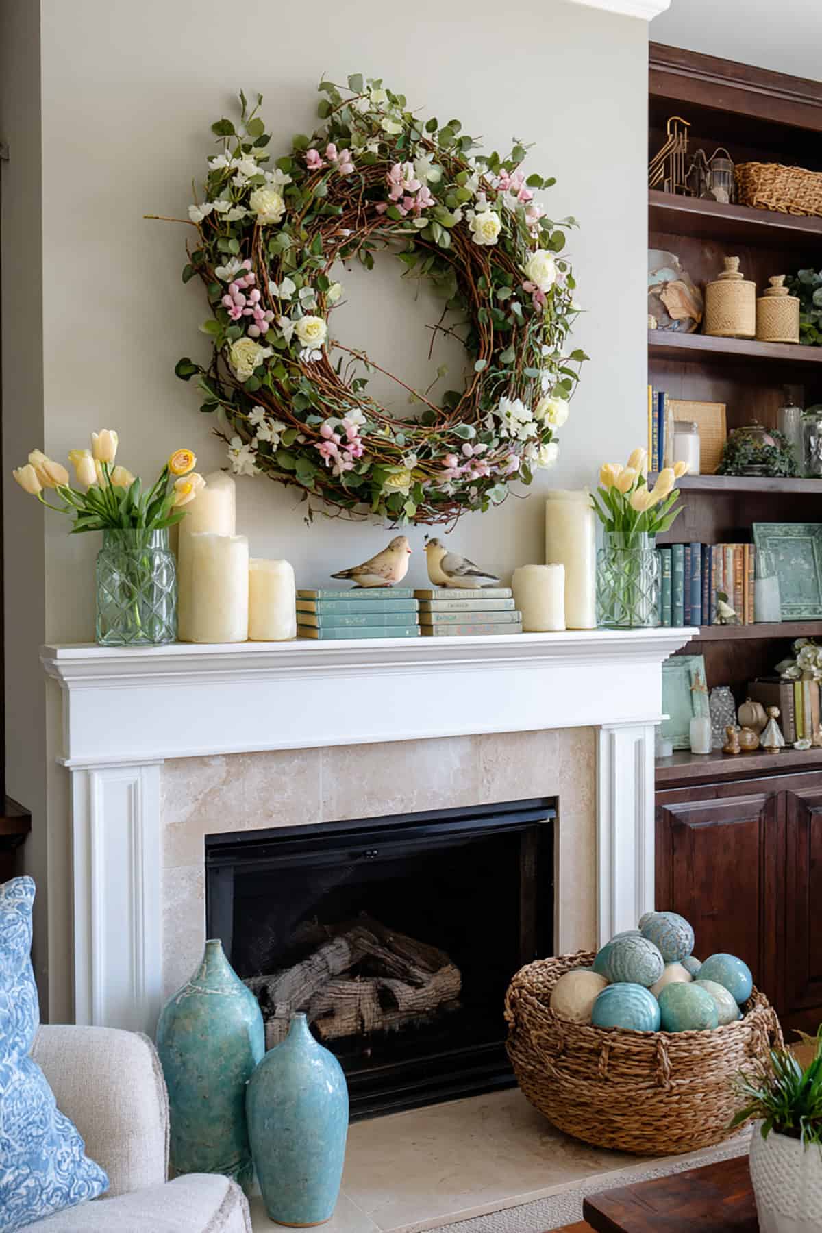 Wreath Centered Spring Mantel