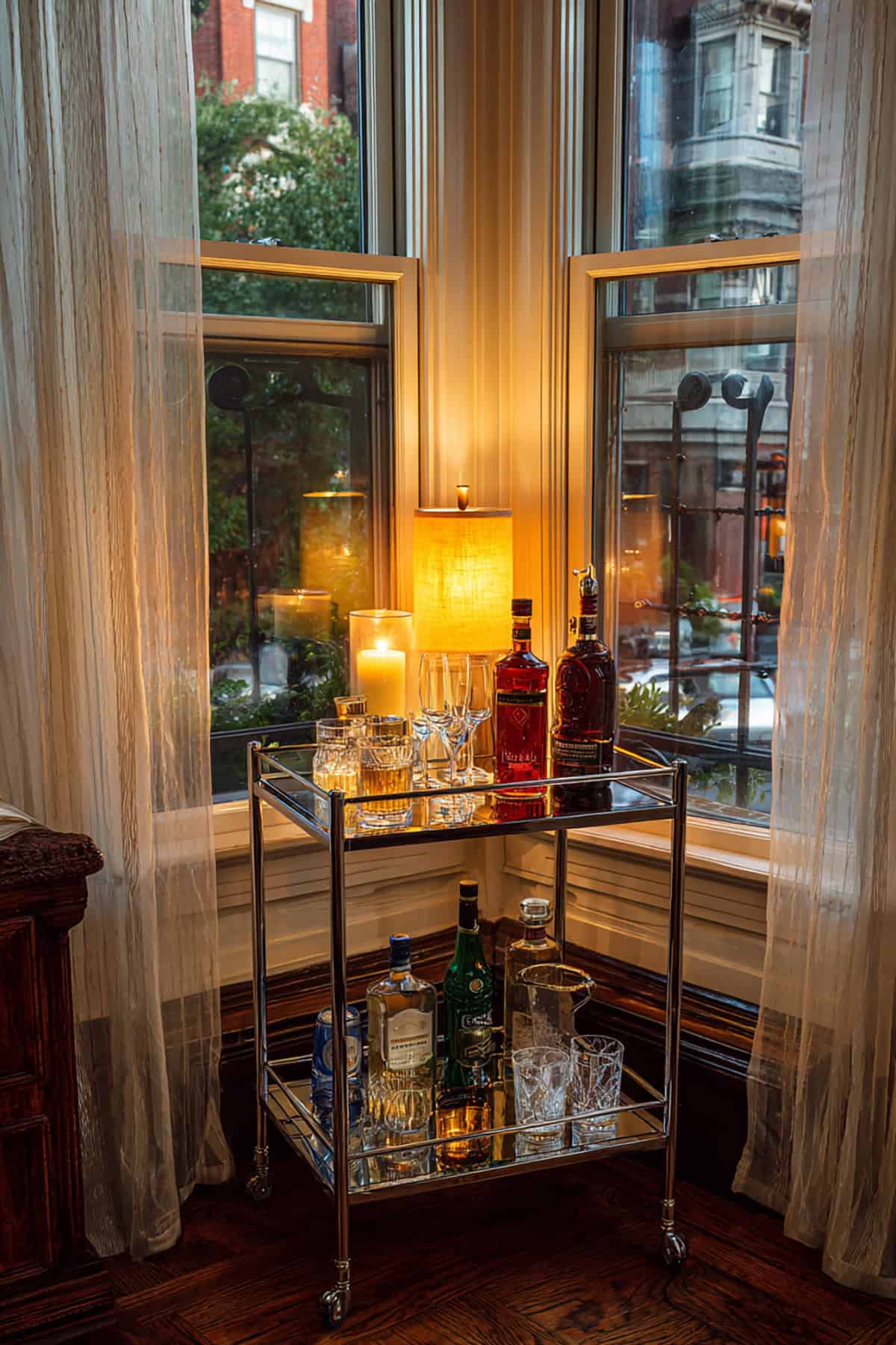 Bay Window Bar Cart Moment With Evening Glow.