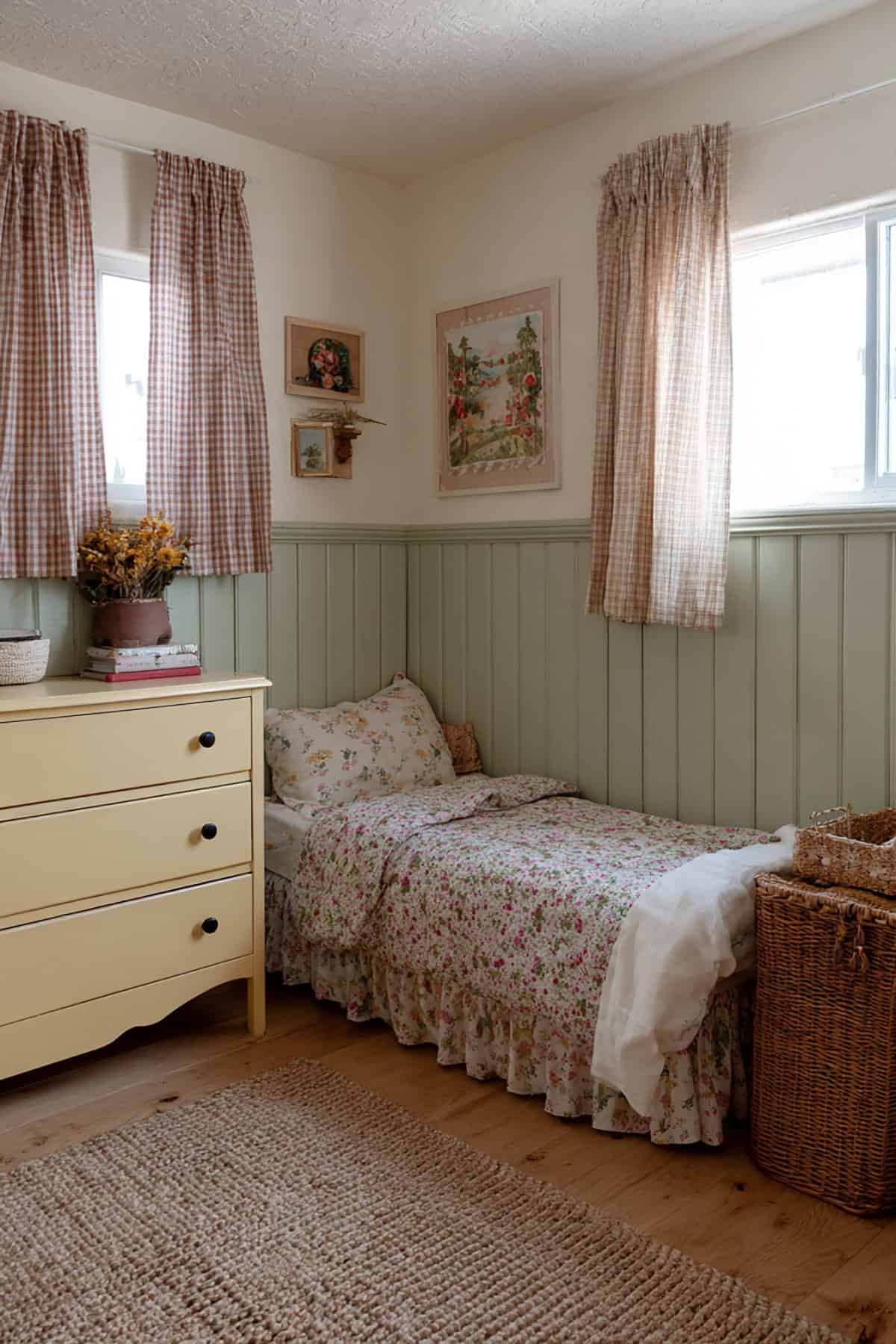 Cottage Beadboard Half Wall With A Tiny Vintage Dresser