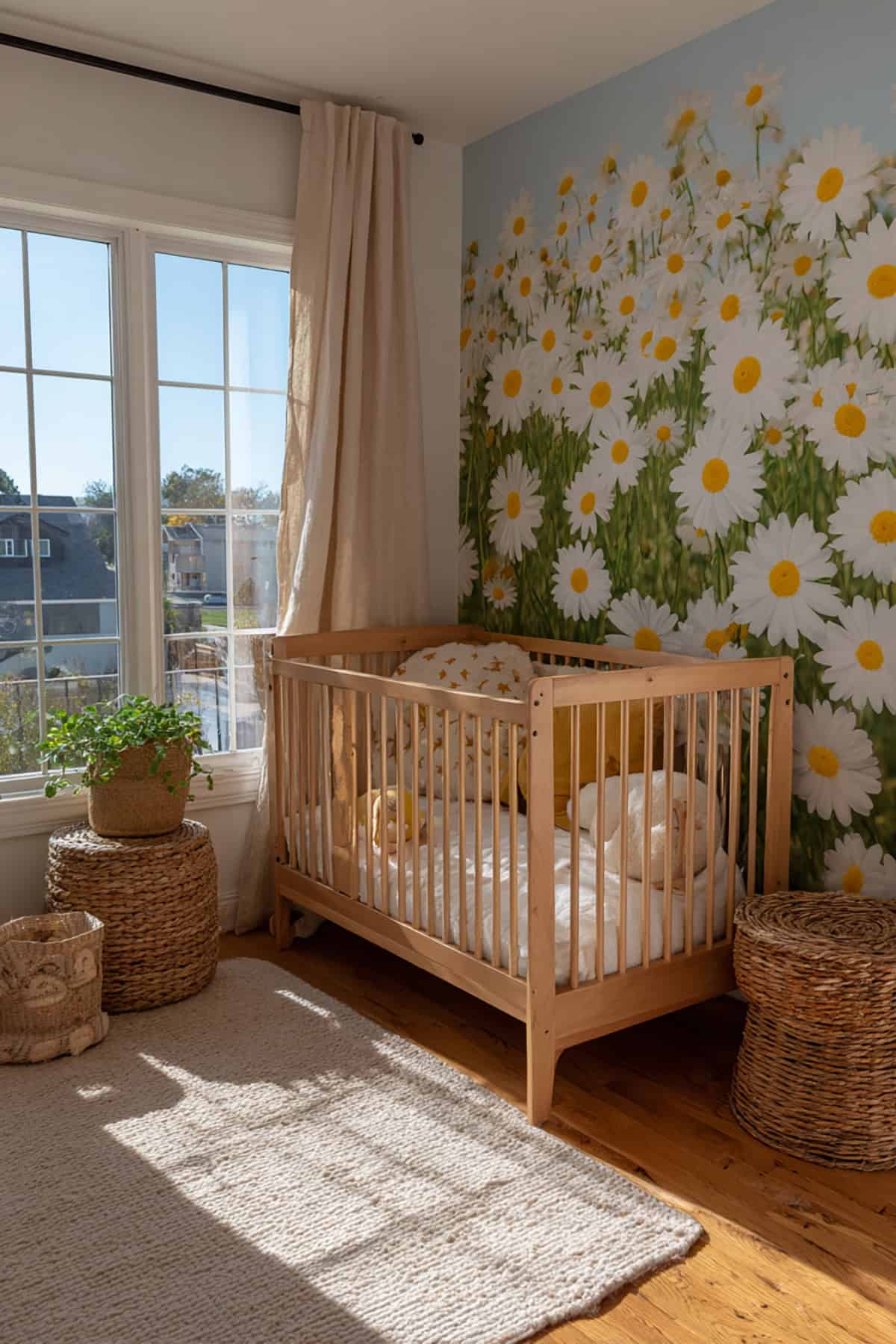 Daisy Meadow Mural With Light Wood Toddler Furniture