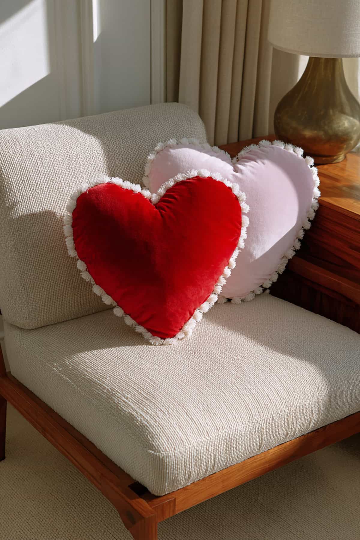 Handmade Heart Shaped Plush Pillow With Pom Trim