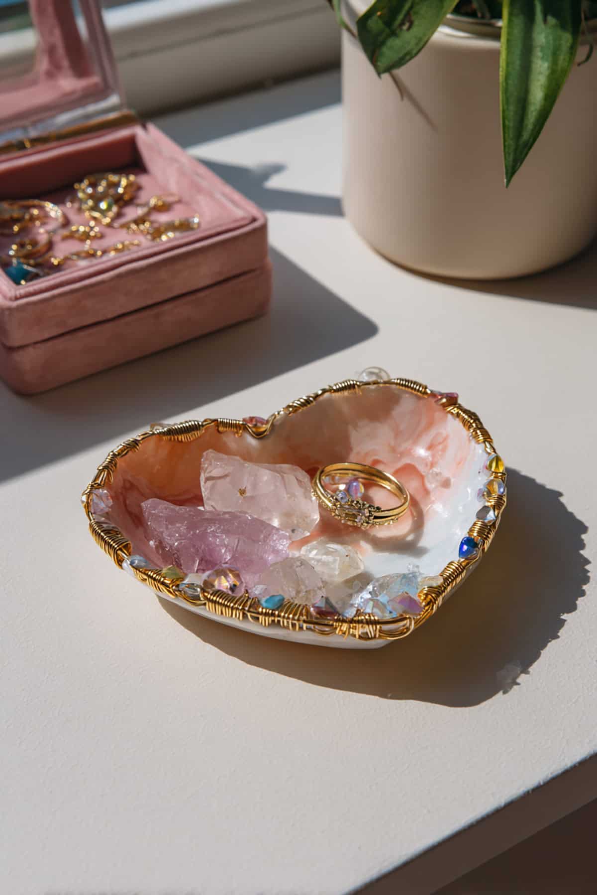 Heart Shaped Wire Wrapped Crystal Ring Dish