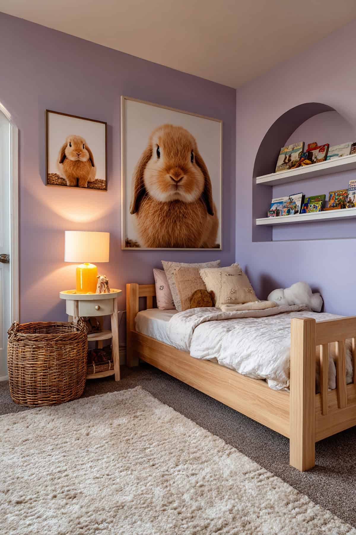 Lavender Bunny Room With Curved Shelves And Soft Lighting.