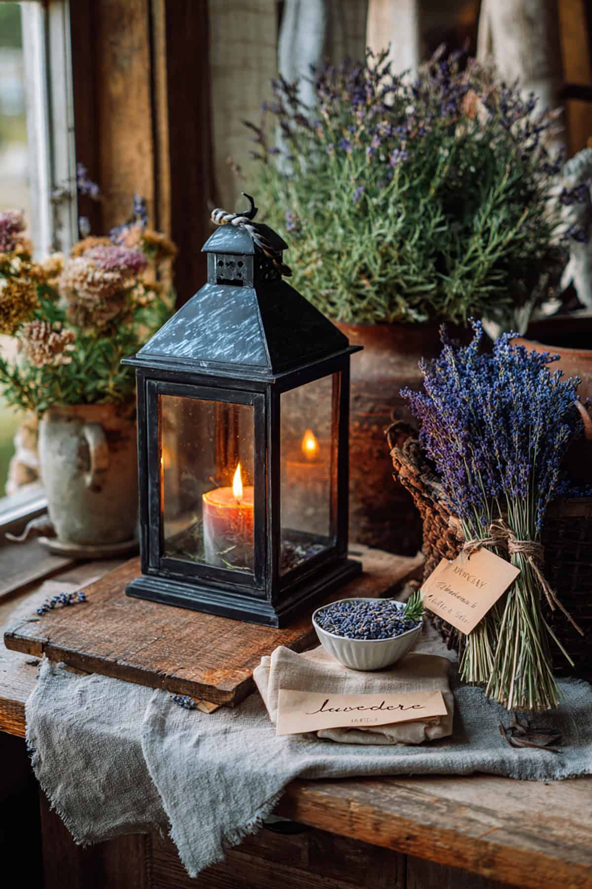Lavender Farm Lantern With Herb Bundles
